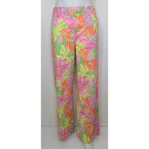 Lilly Pulitzer Vintage Pink Orange Green Tropical Frog Print Wide Leg Pants 4